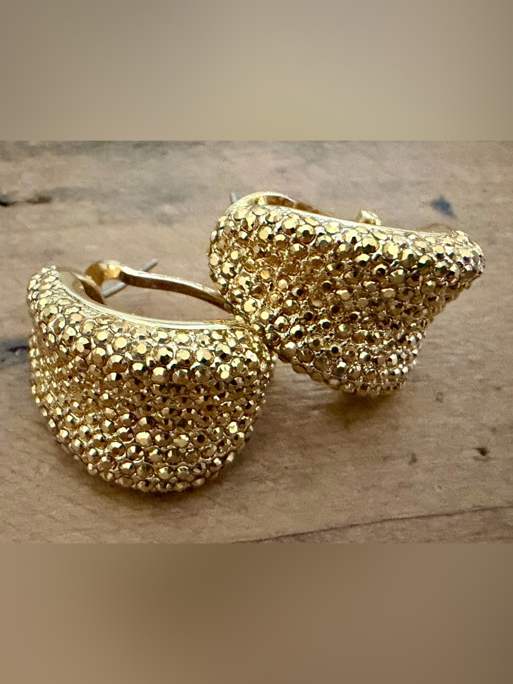 SIGNED JOAN BOYCE GOLD TONE PAVE CRYSTAL PETITE HUGGER HOOP EARRINGS